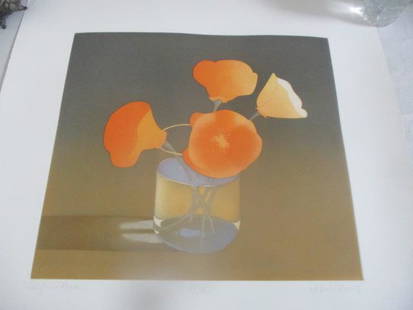 Mark Adams Color Etching with Aquatint Signed: & Numbered. California Poppies 85/150 Mark Adams 81. Art is 16 x 14 1/2 - Piece is 23 1/2" x 22 1/2". See photos for condition and details