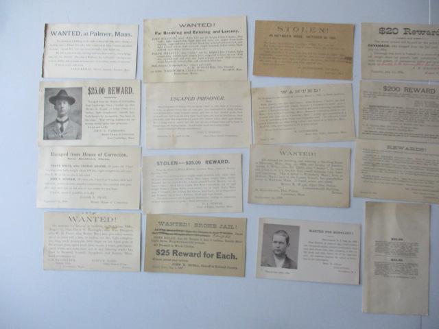 1800's Wanted and Escaped Prisoner - Postcards &: Other Cards - Most from Massachusetts: Lawrence, Boston, East Cambridge, Taunton, New Bedford, Sterling, Palmer, Methuen, Gardner and Connecticut, Rhode Island and New York. Some wear and marks where 