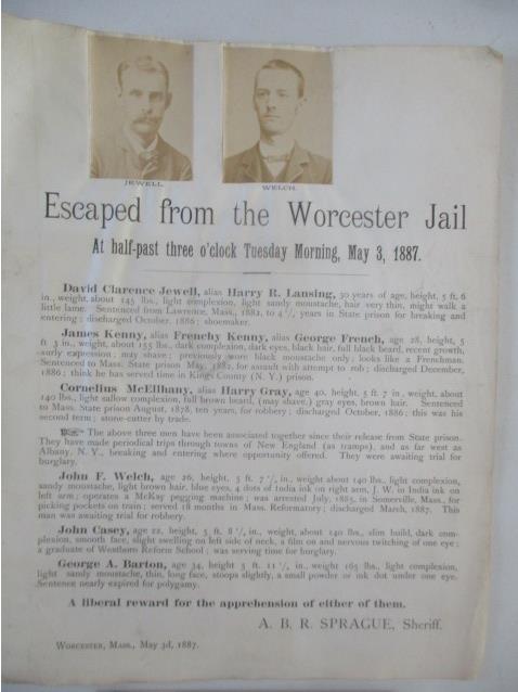 1887 Worcester Escaped Prisoners Wanted Poster (1 of 10)