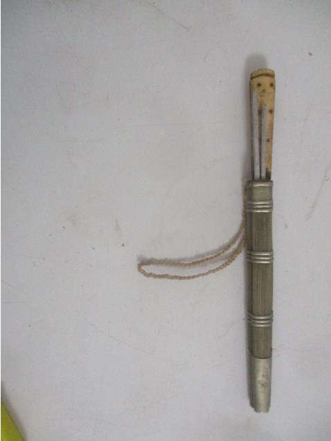 World War II Japanese Officer's Mess Kit: Bone Handled Knife and Metal Chopsticks - Metal Grooved Sheath - Some Bone Missing on Handle Part of Collection from Estate of World War II Veteran. See Other Knives, Insignia, Ribbons, Medals etc. fr