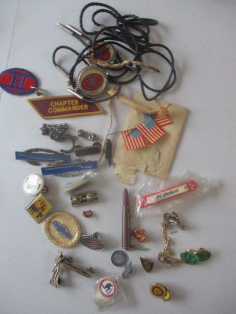 Vintage Miniature Flags, & other GI estate items: Vintage Miniature Flags, String Ties, 2 Shells Replaced Bullet with Wood and Other Items form The Estate of GI. See photos for condition and details