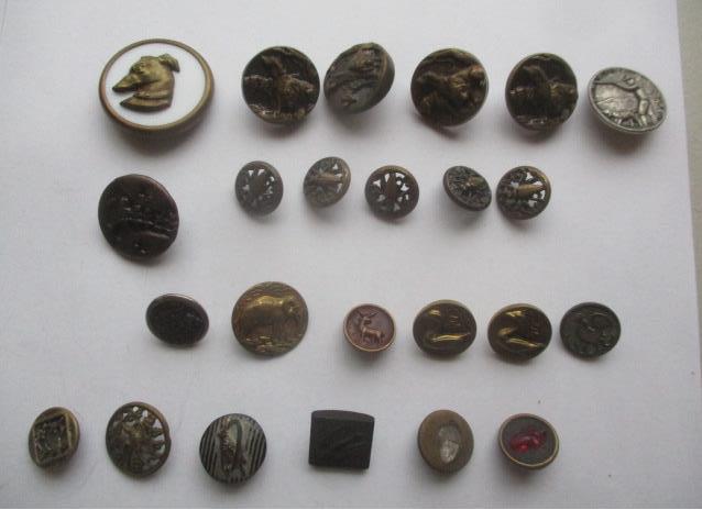 Dogs, Cats, Owls & Other Animals Buttons: Insects, Plants Glass and Metal, Glass & Metal Dog Large Button, Hunting Dogs & Other Hunting Button, Cats on Roof, Owls, Elephant, Swans, Rooster, Deer, Insects, Birds & 2 Glass Acorn Buttons - See p