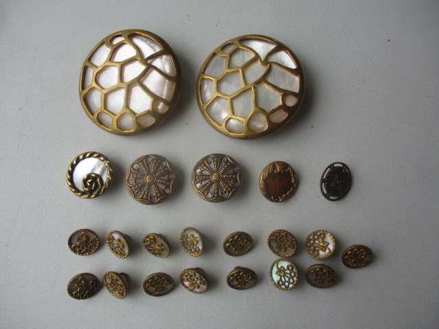 Cut Steel, Metal, Brass and Mother of Pearl Buttons: Large Buttons are 1 3/4" wide. See photos for condition and details