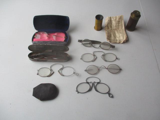 Antique 7 Pairs of Eyeglasses - Gold Colored Pair is missing one ear piece and Two Microscopes (1 of 10)