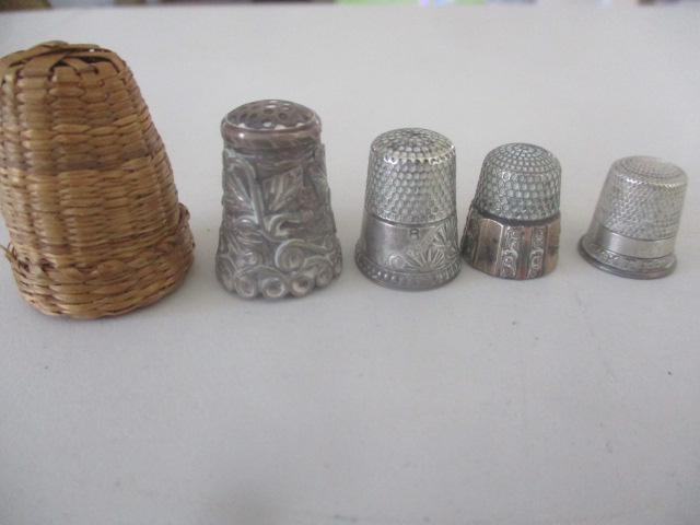 Sterling Silver Thimbles with Woven Basket: 1 Thimble Marked 9 May 28 89 and Others Marked Sterling. See photos for description and details