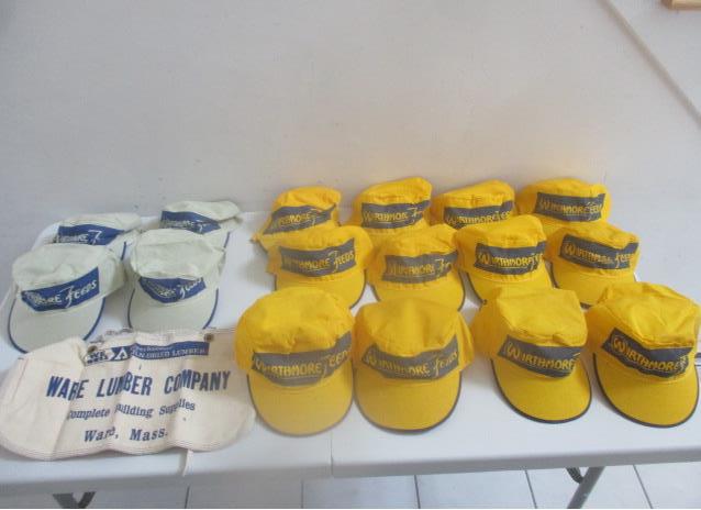 New Old Stock Wirthmore Feeds Country Store Caps: 16 Caps - 12 Yellow and 4 Light Green. Country Store/Farm Caps. Also a Ware Lumber Co. Canvas Contractor Pouch. See photos for condition and details