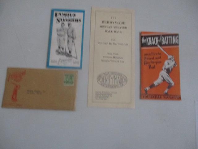 Louisville Sluggers Booklet & other Baseball memorabilia: Famous Sluggers Louisville Sluggers Booklet, Derby Made Bats, Louisville Sluggers the Knack of Hitting and Small Manilla Envelope from Louisville Sluggers that Looks to be Correct Size for Famous Slug