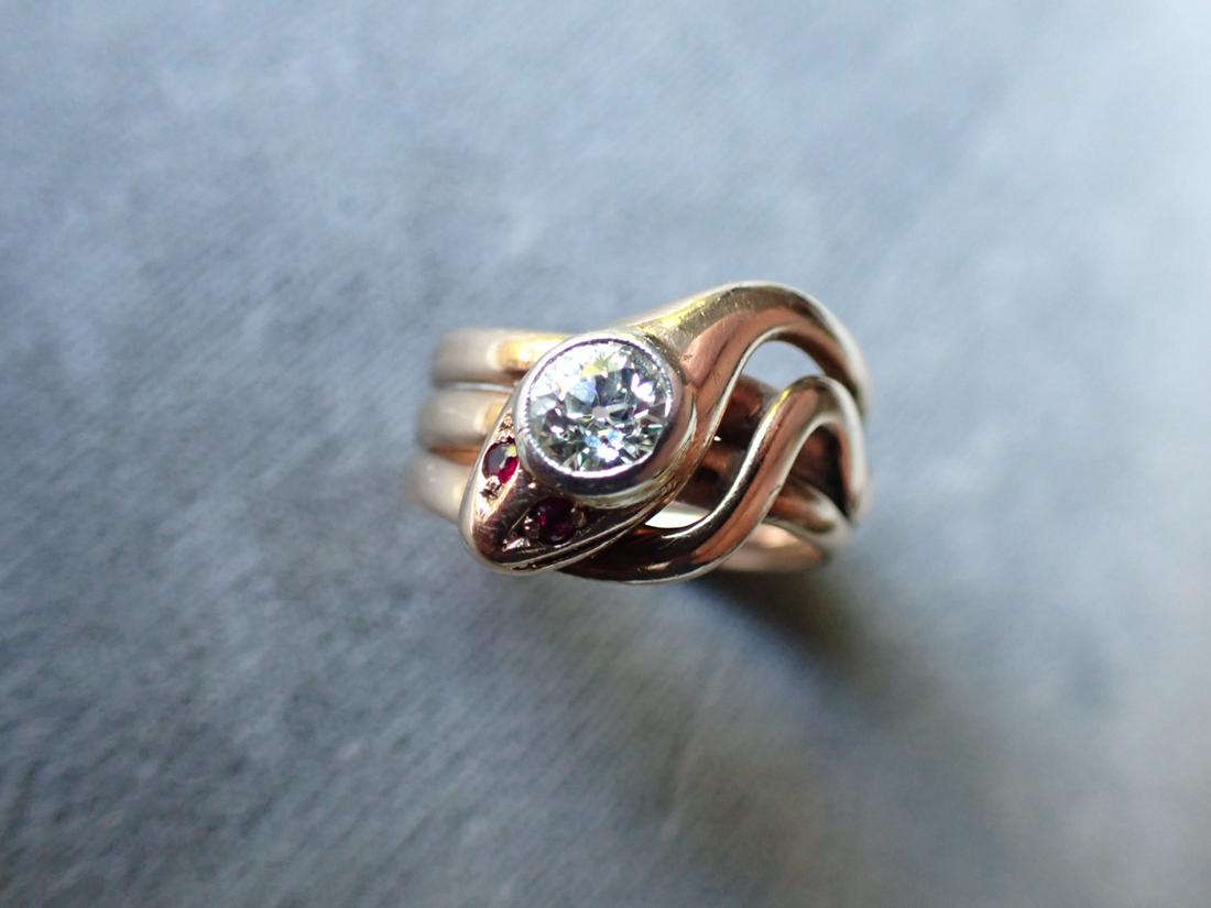 Snake Motif Rose Gold Diamond and Ruby Ring (1 of 7)