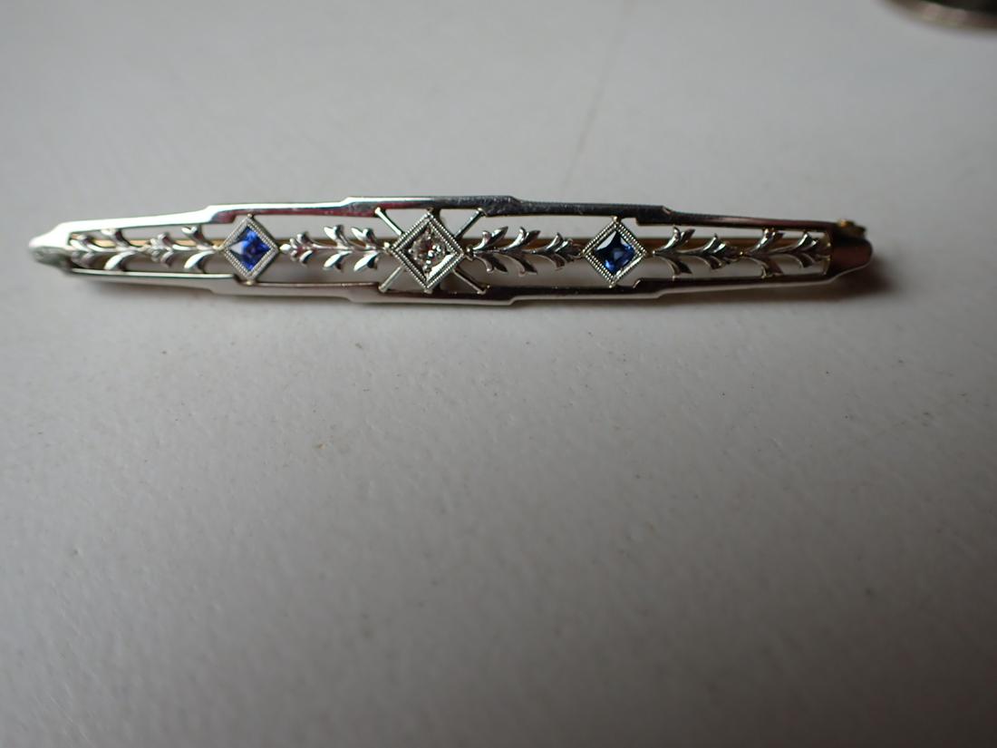 Edwardian Gold, Diamond and Sapphire Bar Pin - 14K: 2 1/2" wide - Appr. 5 Grams. Please see photos for details and condition.