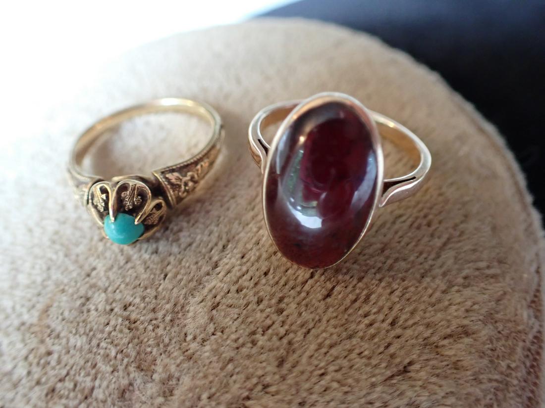(2) 14K Rings: Turquoise Stone - Size 5 1/2, Garnet Color Stone (1 of 8)