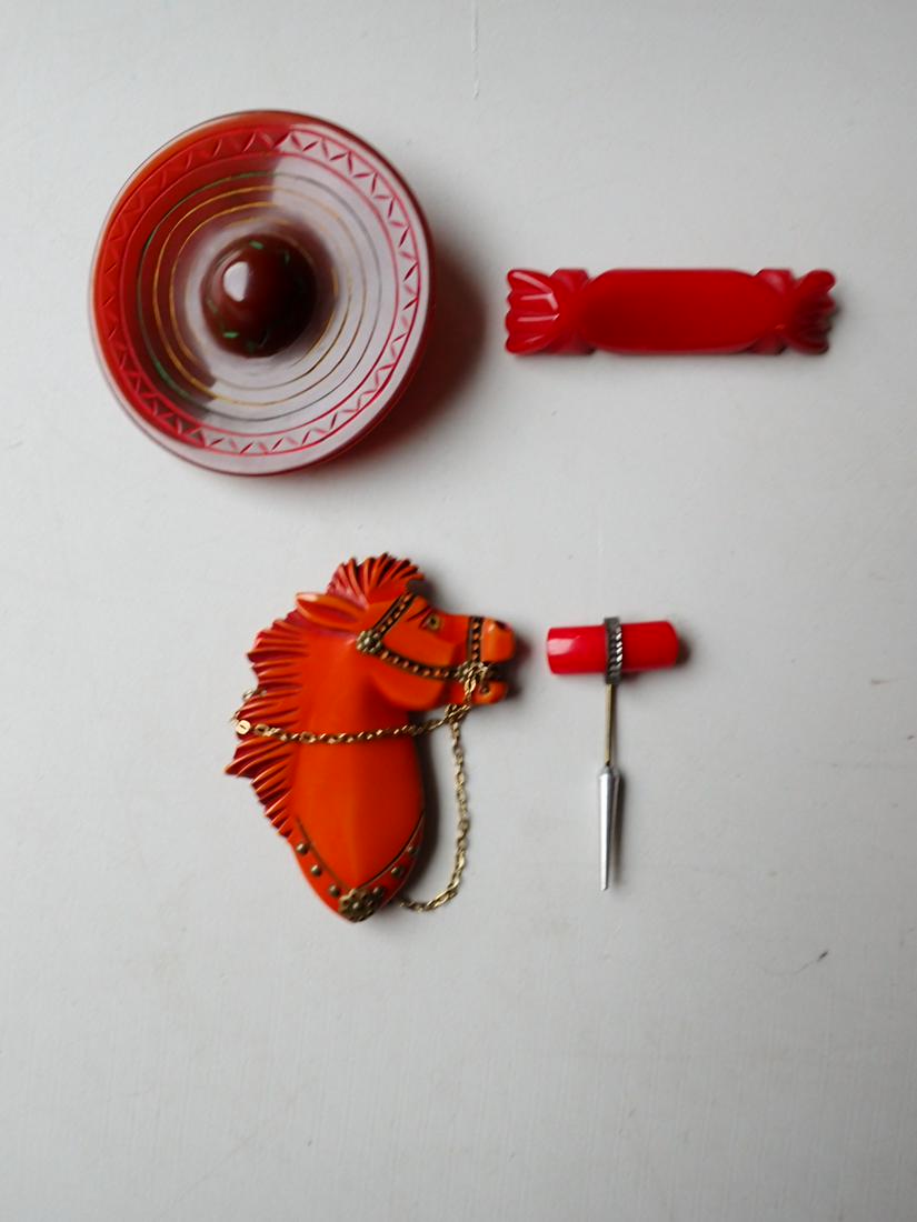 Bakelite Sombrero, Art Deco Horse Pin, Bar and Stick Pin: Butterscotch Horse Brooch with Glass Eye and Metal Reigns. Please see photos for details and condition.