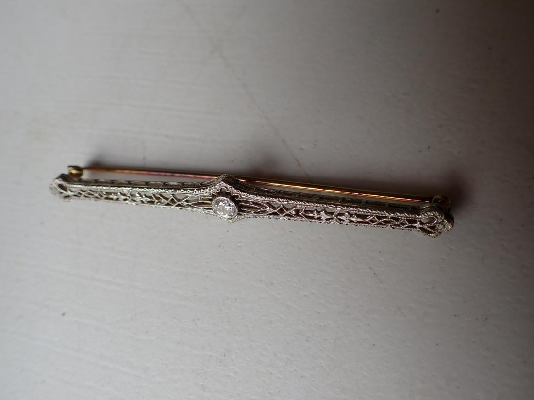 Edwardian Gold and Diamond Bar Pin - 14K: 2 1/2" wide - Appr. 3 Grams. Please see photos for details and condition.