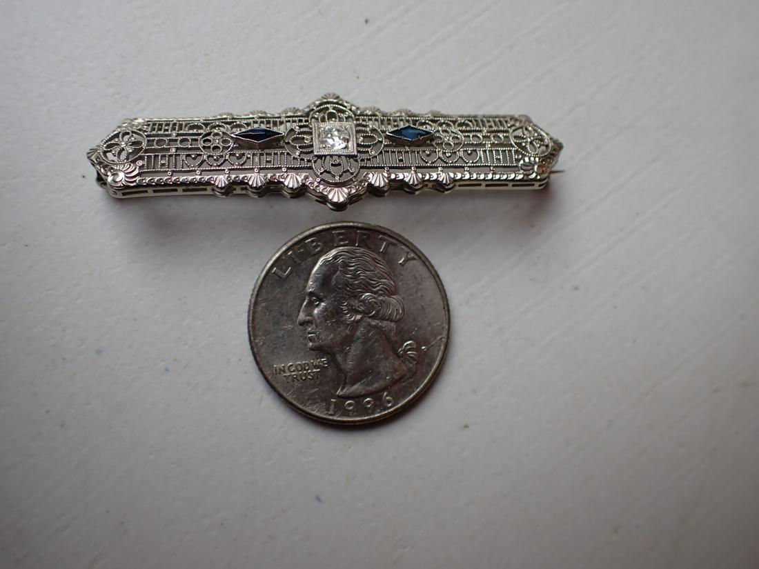 Edwardian Gold, Diamond and Sapphire Bar Pin - 10K: 2" wide - Appr. 2 Grams. Please see photos for details and condition.