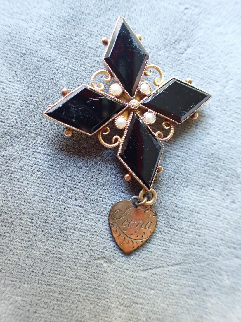 Victorian 14k & Seed Pearl & Onyx Pin with Heart Charm 1895: Heart Charms says "Leona 1895" Appr. 7 Grams. Please see photos for details and condition.