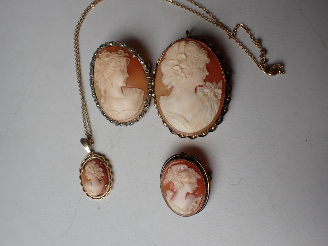 Sterling 925 Cameo & 2 Other Cameo Pins & 1 Pendant 18" Chain: Please see photos for details and condition.