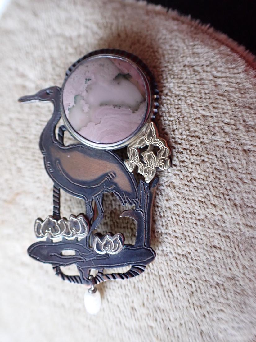 Copper, 14K and Fresh Water Pearl Unique Crane Pin: 3" Tall by 1" Wide - Stamped on Back. Please see photos for details and condition.