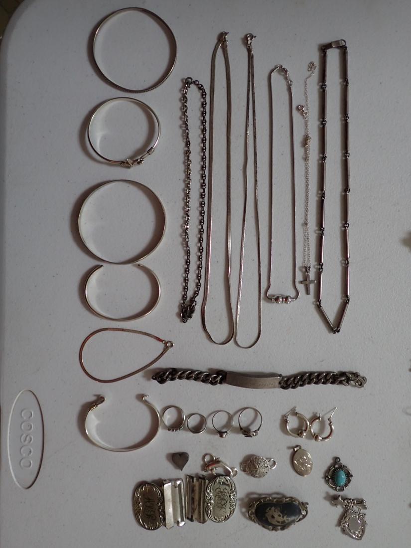 Sterling Silver Bracelets, Chains, Clover Ring, Locket, etc.: One Cuff has a gold accent. Please see photos for details and condition.