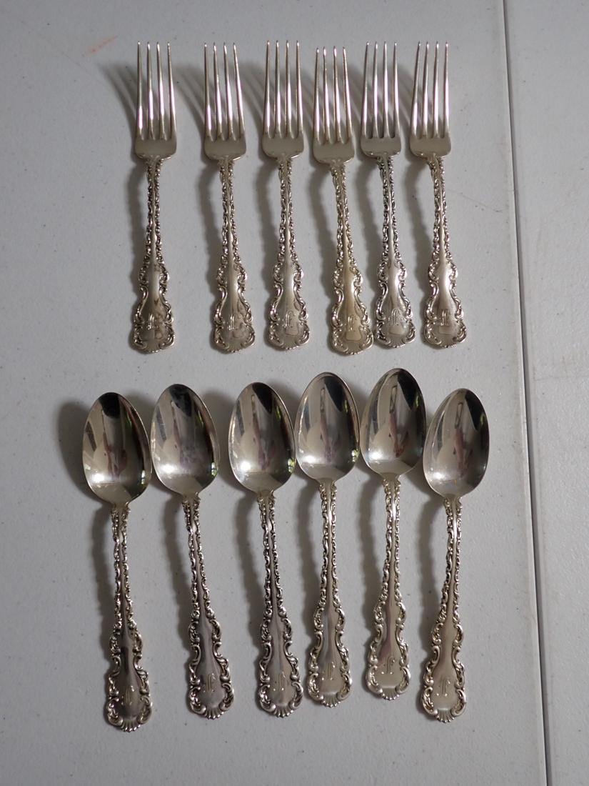 12 Piece - Sterling Pat. 1891 A. Stowell & Co. 6 Forks, 6 Spoons: Monogrammed - Appr. 15.5 troy ounces. Please see photos for details and condition.
