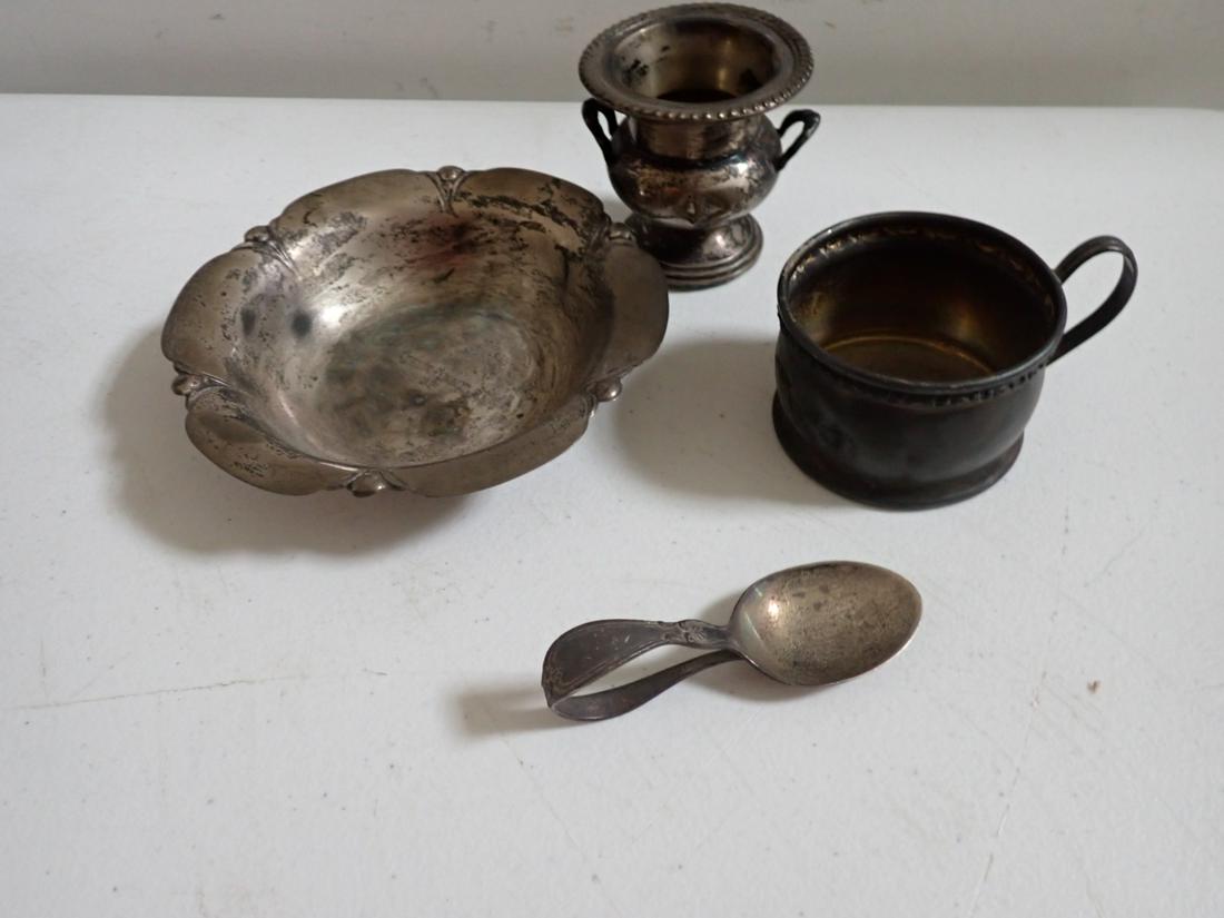 Sterling Silver Bowl, Cup and Weighted Toothpick Holder: 5 1/4" Bowl Engraved "Amatuer Handlers '36", Sterling Cup and Spoon and Weighted Toothpick Holder. Weighed without Toothpick Holder - Appr. 5.5 troy ounces. Please see photos for details and condition