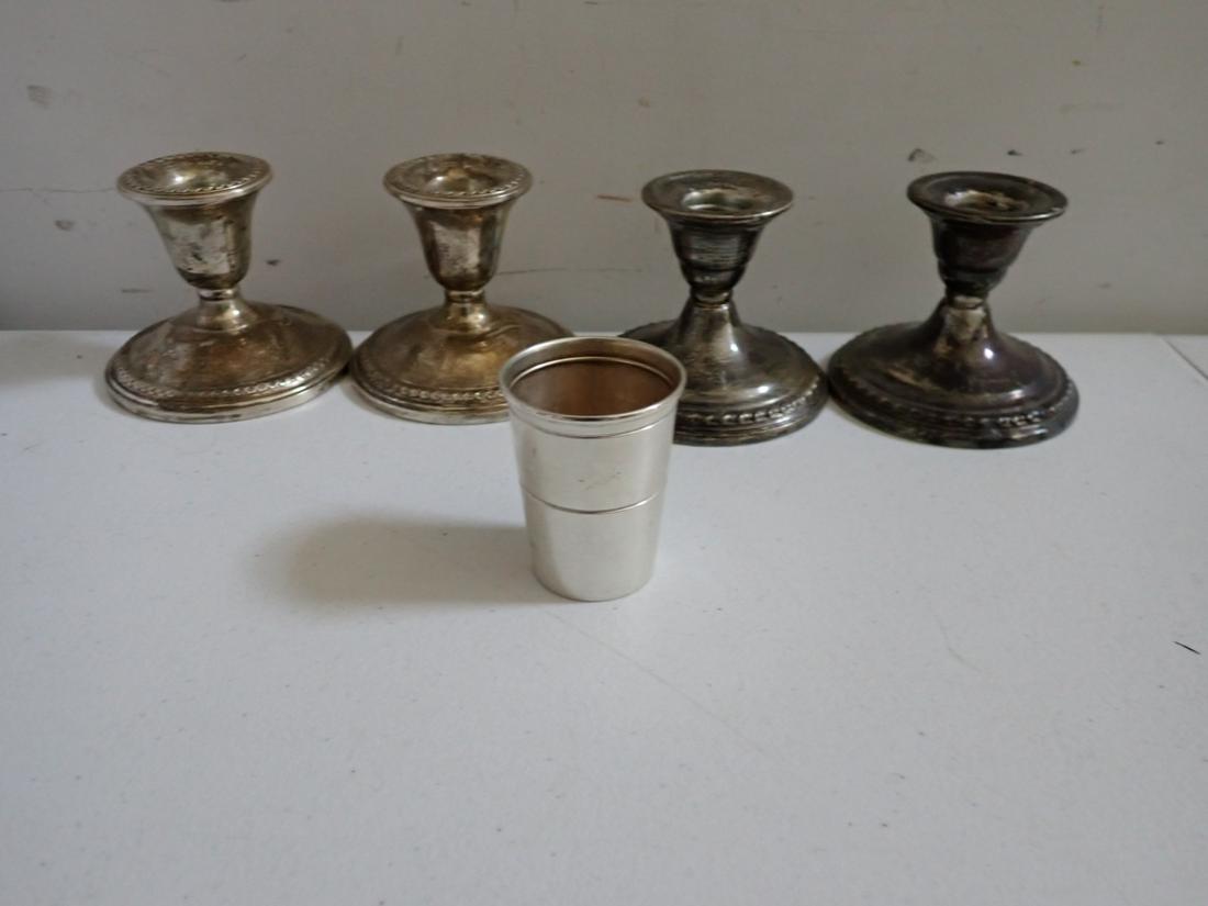 4 Sterling Weighted Candlesticks & Sterling Shot Glass (1 of 6)