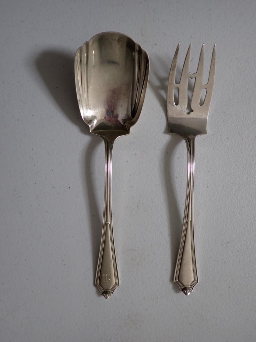 Sterling Silver Pat. 1911 Serving Spoon and Serving Fork: Salad Set. Appr. 4.5 troy ounces. Please see photos for details and condition.