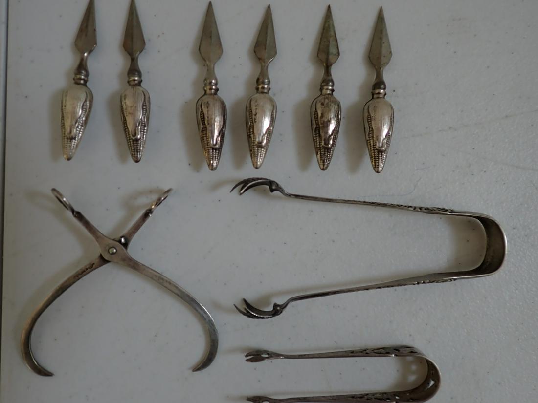 6 Sterling Corn Cob Holders, Sugar Tongs & Other Tong (1 of 6)
