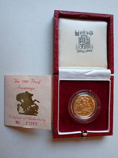 1988 Gold Proof Queen Elizabeth II Sovereign Coin: 1988 Gold Proof Sovereign Obverse Queen Elizabeth II and Reverse Benedetto Pistrucci's Portayal of St. George Slaying the Dragon. Please see photos for details and condition.