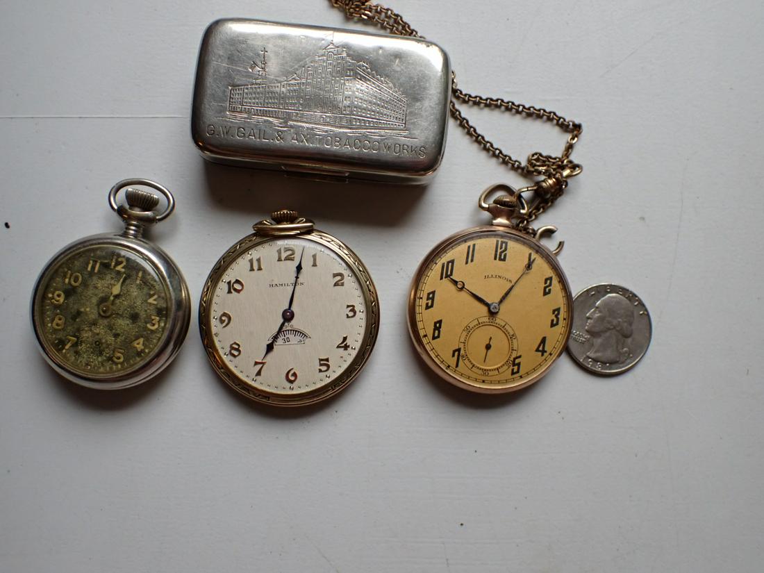 2 Gold Filled Pocket Watches Hamilton and Illinois & Snuff Box (1 of 16)