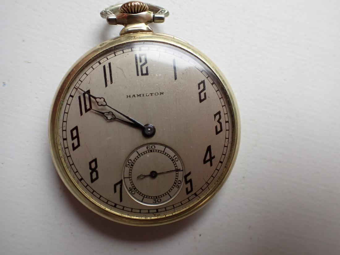 Hamilton 14K Gold Filled Pocket Watch: 17 Jewel S/N 3363200 Runs for over 60 seconds when tested. Please see photos for details and condition.