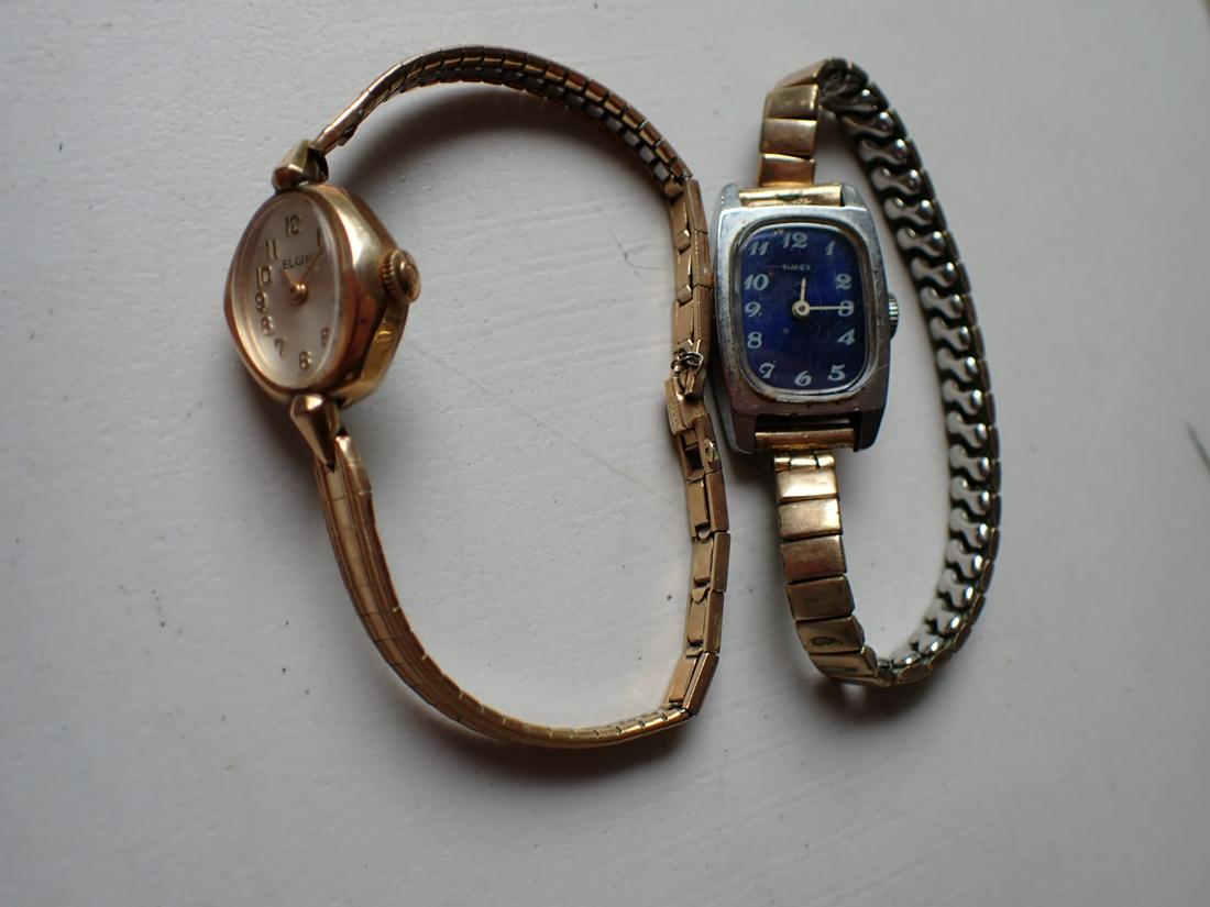 Elgin Women's Writst Watch and Women's Timex: Elgin Women's Wrist Watch 10K RGP (Plated) Bezel and Women's Timex with Band Marked 1/20 10K GF. Please see photos for details and condition.