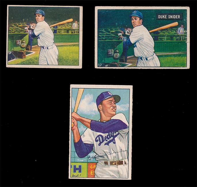 Duke Snider lot of 1950, 1951 & 1952 Bowman Cards: A nice lot of the Duke of Flatbush. Includes 1950 Bowman #77 G/Vg water stain. 1951 Bowman #32 Good, right edge tears. 1952 Bowman #116 Ex++ with only light corner touches. - Please see photos for det