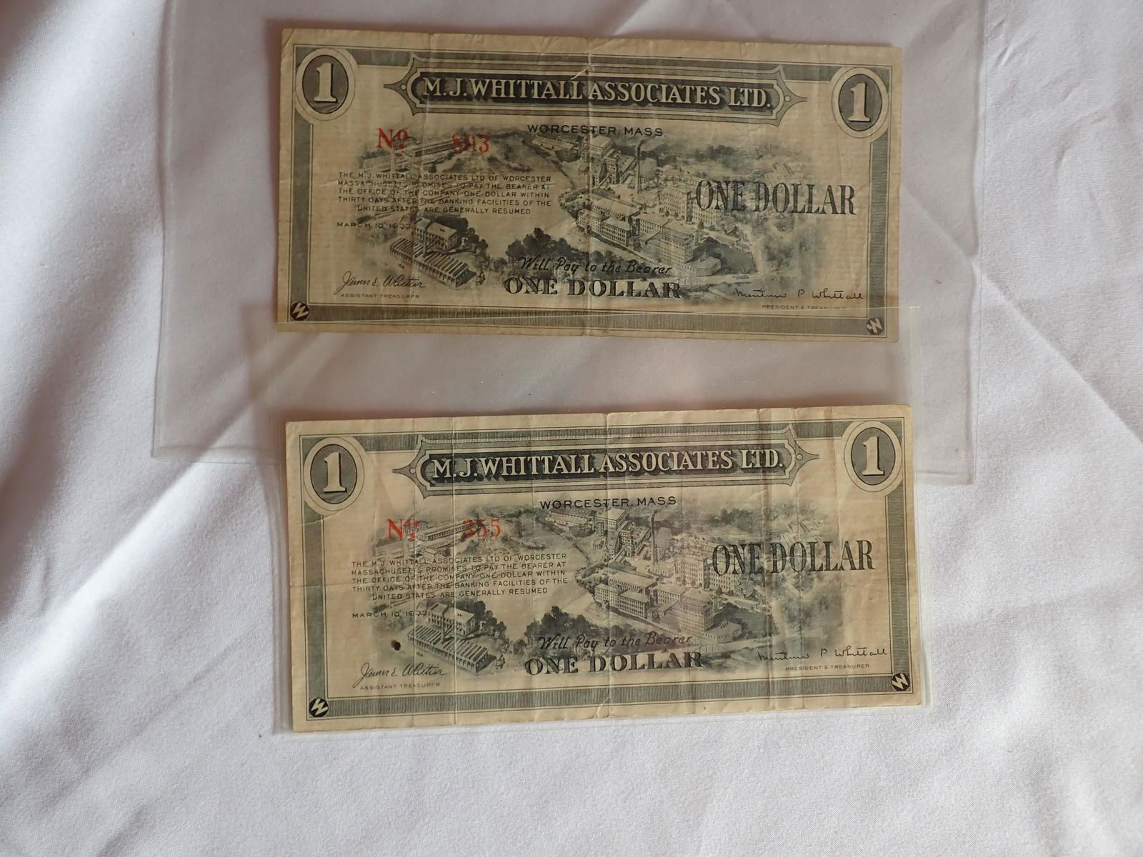 One Dollar Certificates - 2 MJ Whittall Assoc. Worcester (1 of 6)
