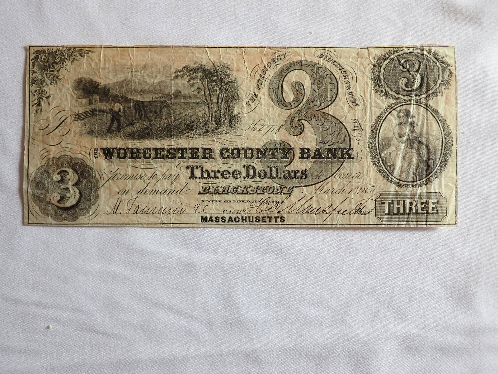 Worcester County Bank $3 Bill 1851 Blackstone, MA (1 of 5)