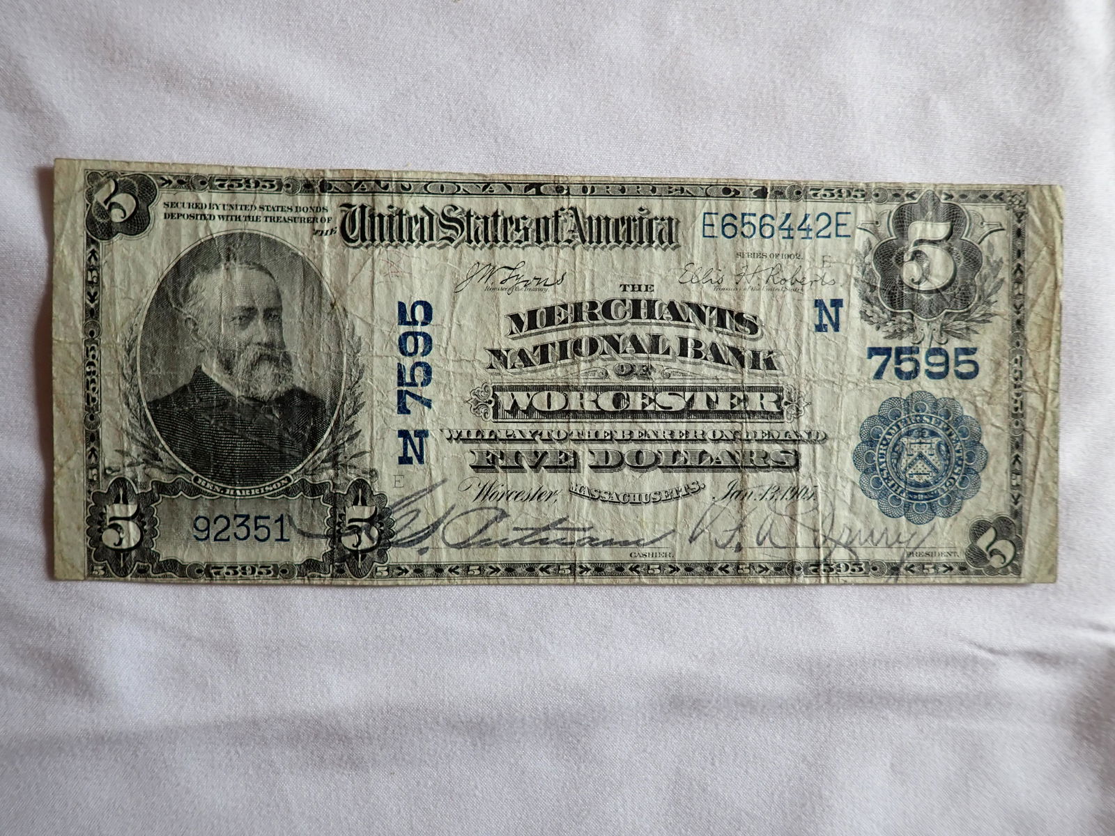 Mechanic National Bank Note $5 1905 Serial # E656442E (1 of 5)