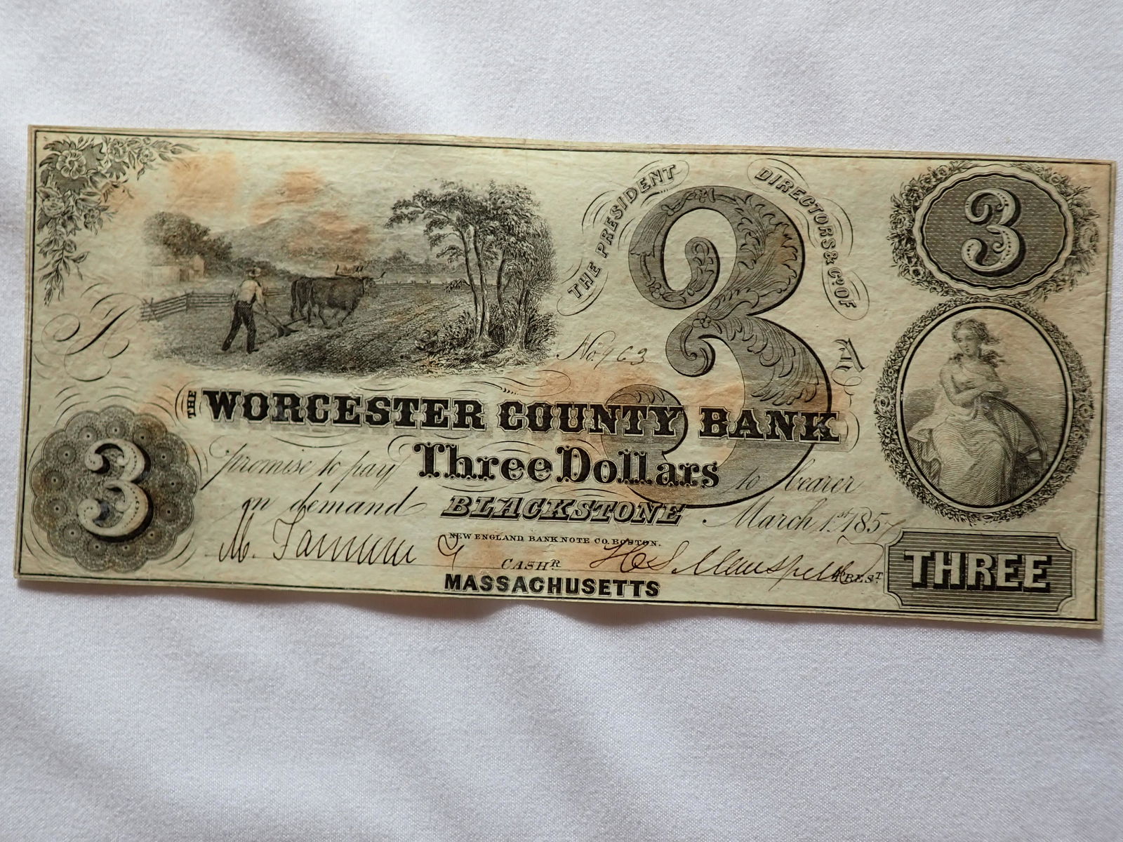 Worcester County Bank - Blackstone, MA 1851 $3 Note (1 of 5)