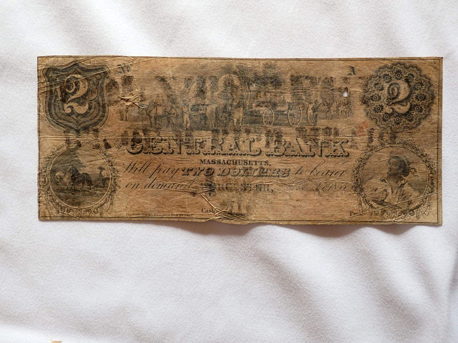 Central Bank of Worcester $2 Note 1855 (1 of 4)