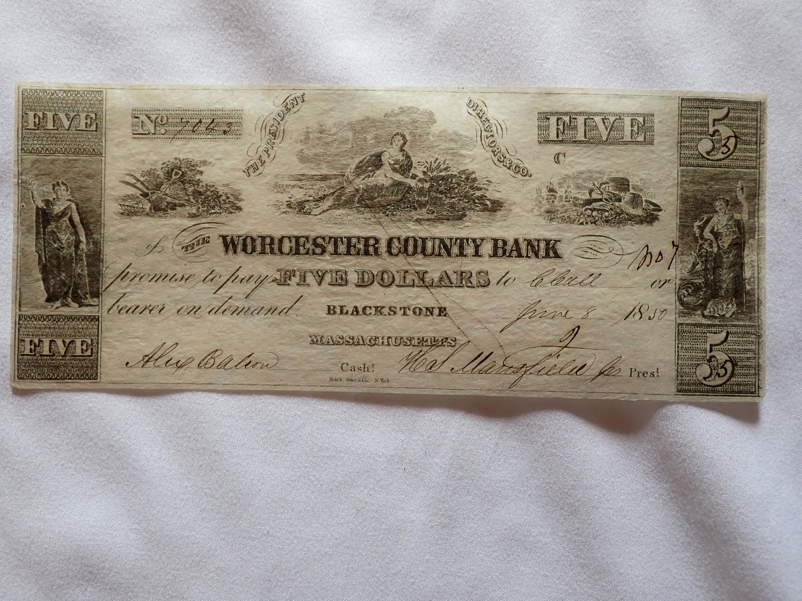 Worcester County Bank $ 5 Note Blackstone, MA 1858 (1 of 5)