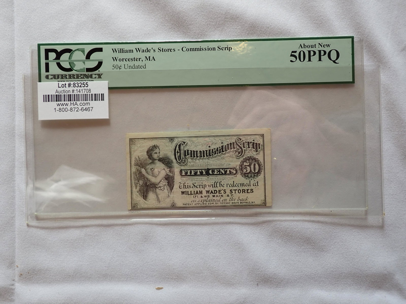 1887 William Wades Stores Commission Scrip: 50 Cents - 50 PPQ "About New" Grade. Please see photos and come to the 2 day preview for condition.
