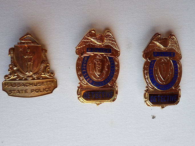 2 Worcester Police Detective Badges and 1 State Police Hat Badge Dec 07, 2022 Central Mass