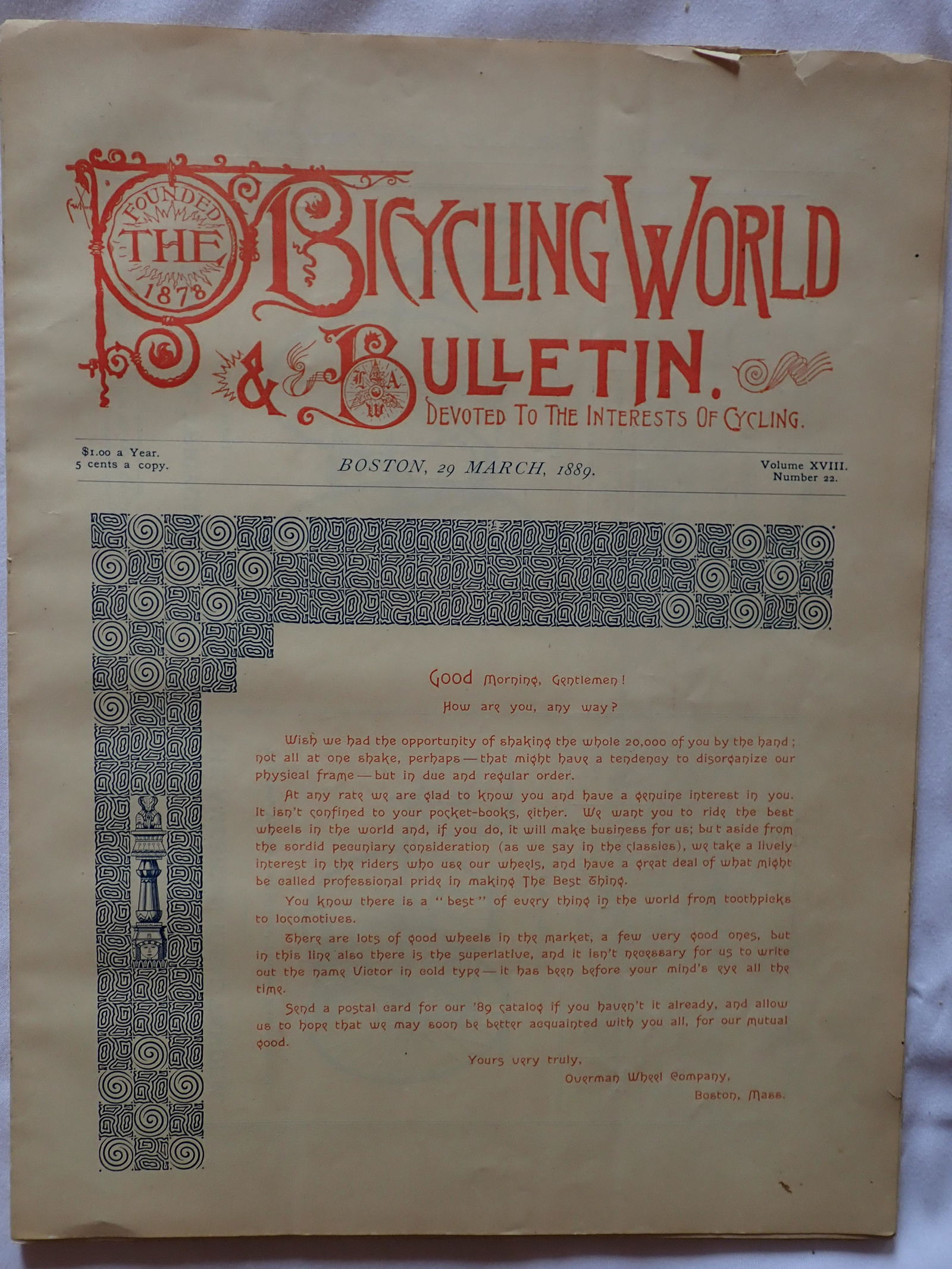 1889 Bicycling World Bulletin Volume XV111 Number 22 (1 of 7)