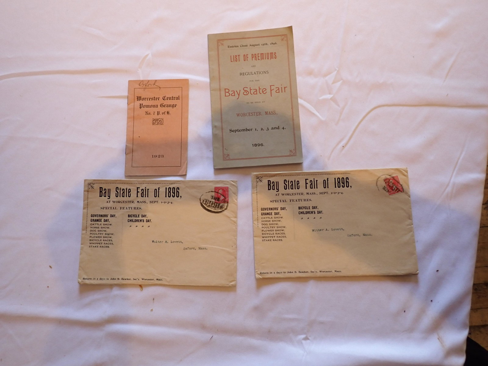 Bay State Fair 1896 Worcester List of Premiums & Regulations,: 2 Envelopes 1896, Program of Worcester Central Pomona Grange 1923. Please see photos and come to the 2 day preview for condition.
