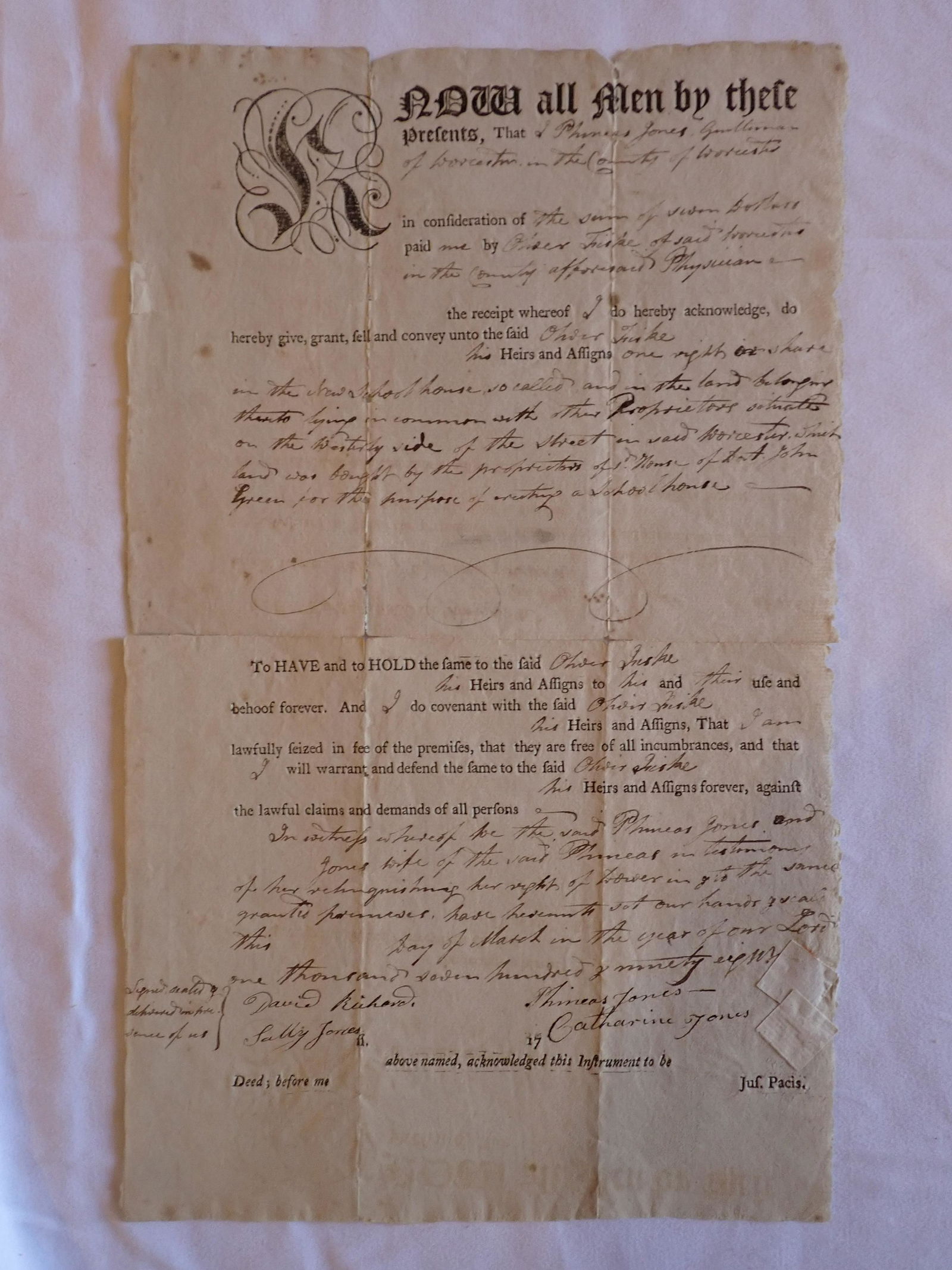 1798 Stock Certificate, One Share for New School House (1 of 5)