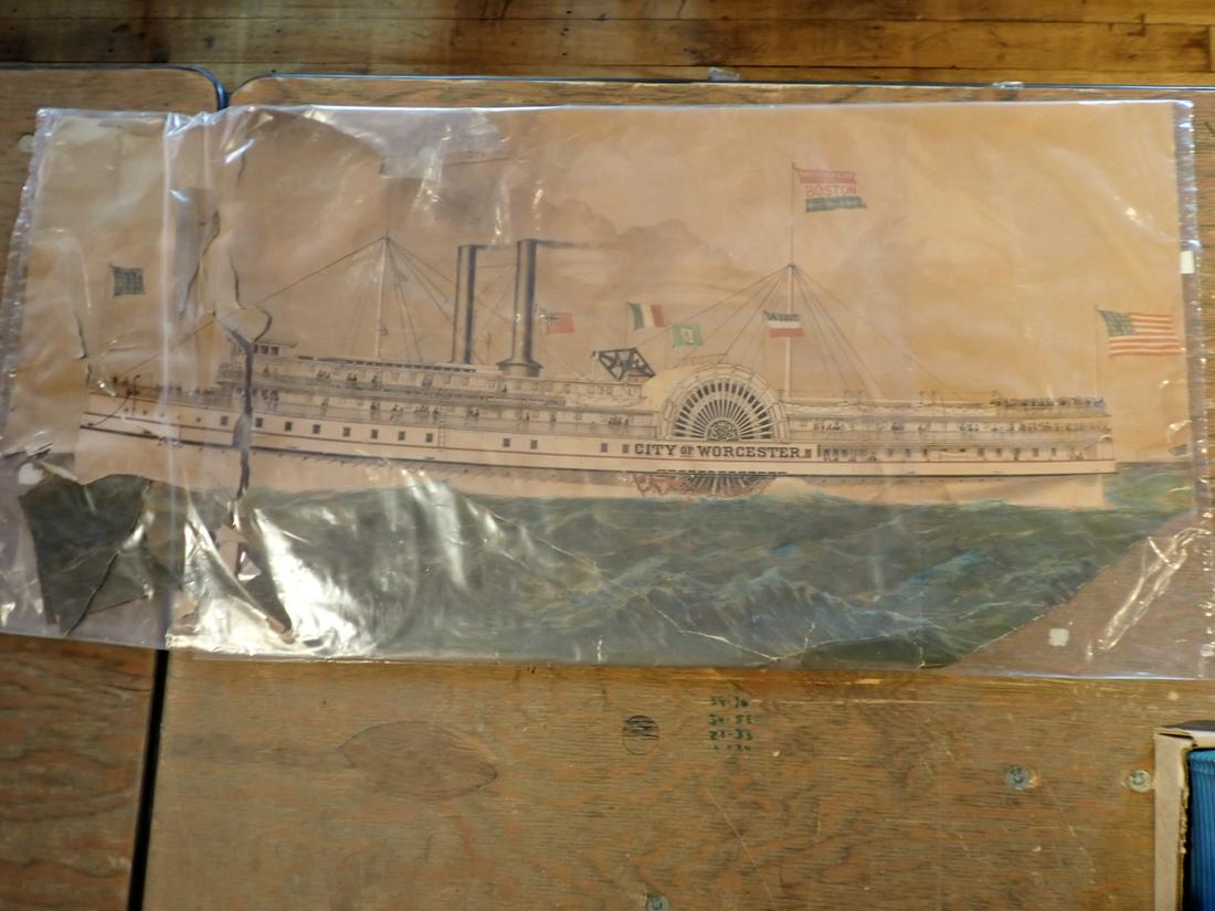 "City of Worcester" Steamship Chromolithograph: Fragile with Broken Pieces - 15 1/2" x 32" Please see photos and come to the 2 day preview for condition.