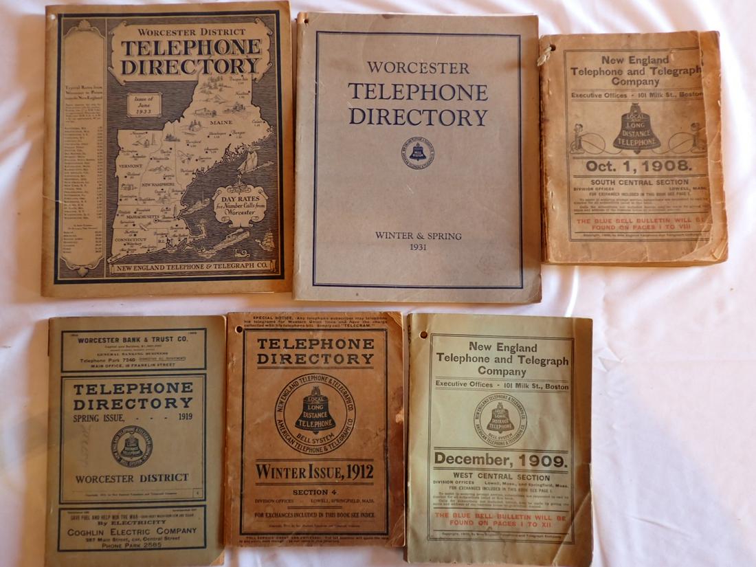 6 Worcester Telephone Directories 1900's: 1908, 1909, 1912, 1919, 1931 and 1933. Please see photos and come to the 2 day preview for condition.