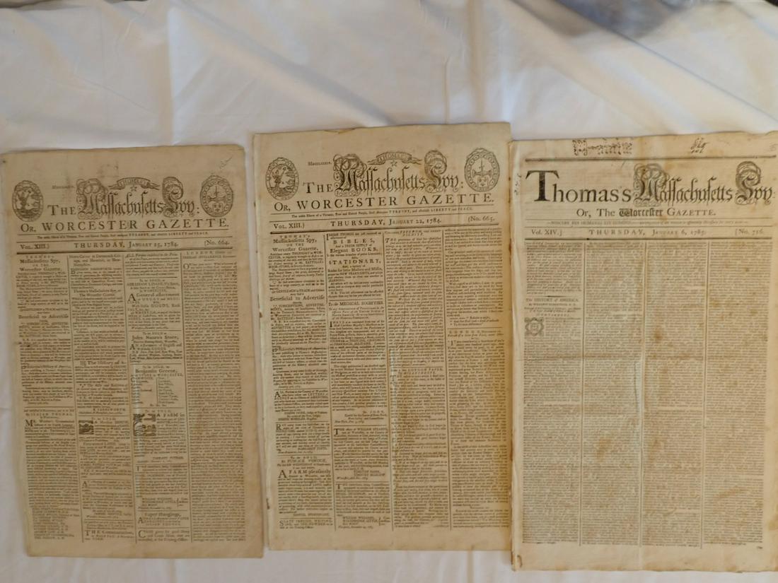 3 Massachusetts Worcester Gazettes -Jan. 15, 1784, Jan. 22, 1984: & Jan 6 1985 Pub. Isaiah Thomas Engraved by Paul Revere. Overall Good Condition with light staining. Please see photos and come to the 2 day preview for condition.