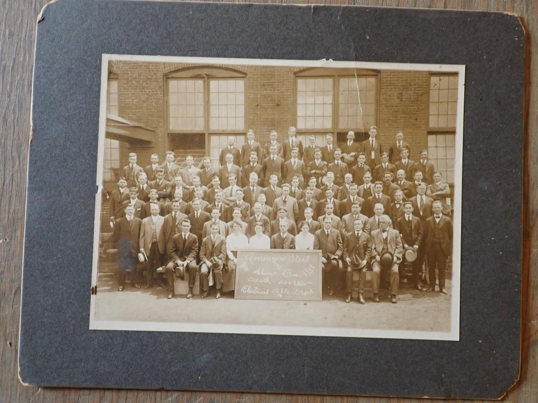 1916 American Steel & Wire Employee Photo Southworks: Electrical Dept. Matte 9" x 11 1/2" and Image 6 1/2" x 8 1/2". Has crack into image. Please see photos and come to the 2 day preview for condition.