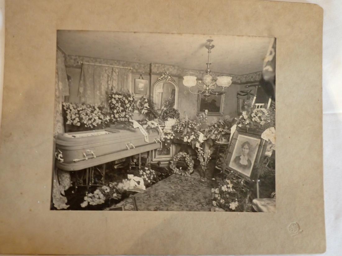 Funeral Ceremony Early 1900s: with Casket & Photo of Deceased. Matte 11 1/4" x 14" Photo 7 1/2" x 9 1/2" - Some staining. Please see photos and come to the 2 day preview for condition.