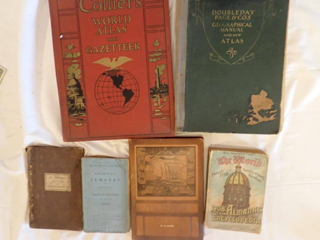 6 Atlas's & Almanac's 1851 and 1854 and Others: 1851: Covers detached, Atlas 1844 cover is loose, 1908 Has Some Tears. Please see photos and come to the 2 day preview for condition.