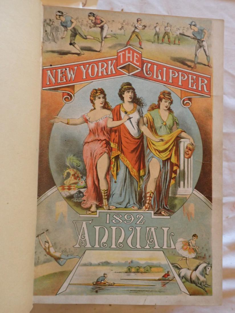 The New York Clipper Annual For 1892-1896: Chromolithographs front page Baseball Players and Other Athletes. Some leather on binding and front cover is torn. Please see photos and come to the 2 day preview for condition.