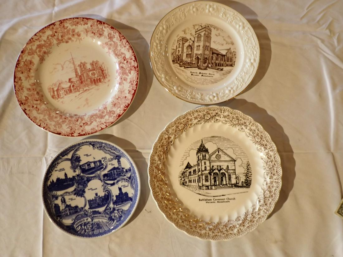 4 Worcester Souvenir Plates: City Hall, Armory and Post Office plate, and 3 with Worcester Churches 8" smallest- 10" largest in diameter. Please see photos and come to the 2 day preview for condition.